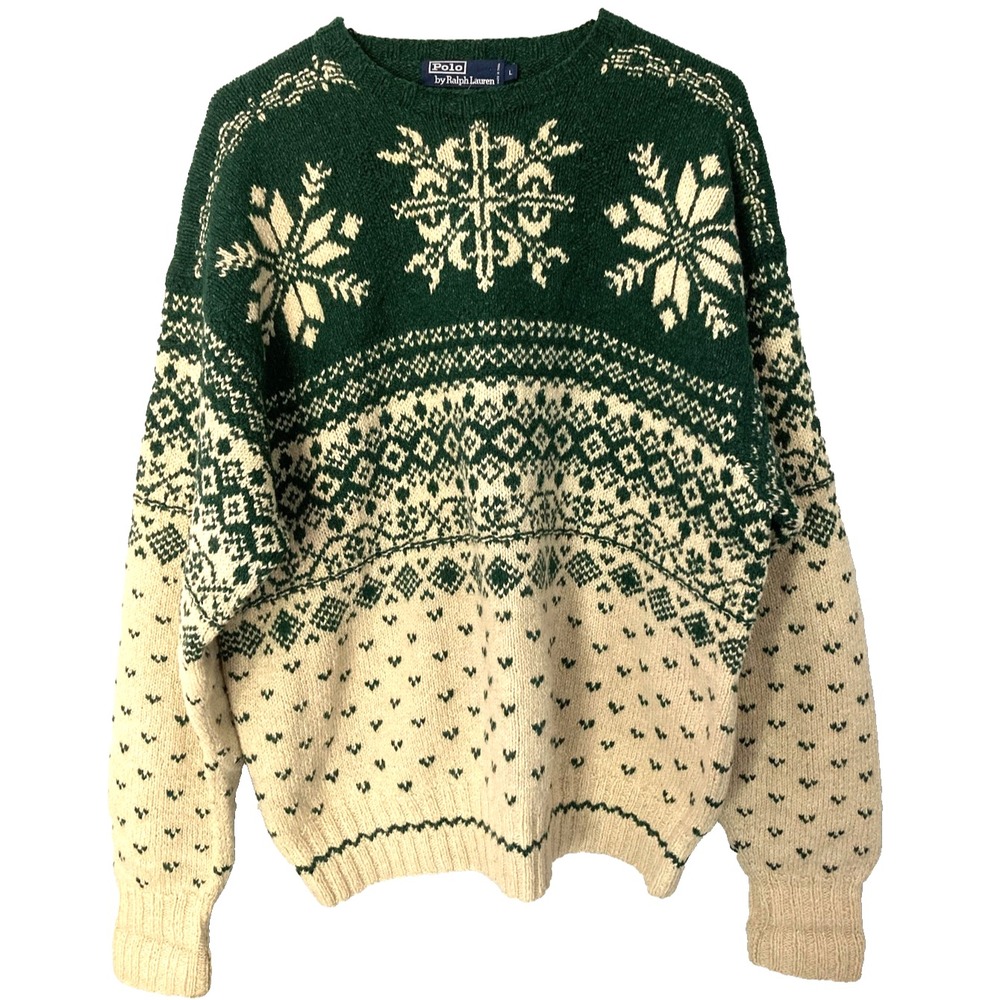 Vtg Polo Ralph Lauren Sweater Men L Green Fair Isle Nordic Wool Silk Hand Knit